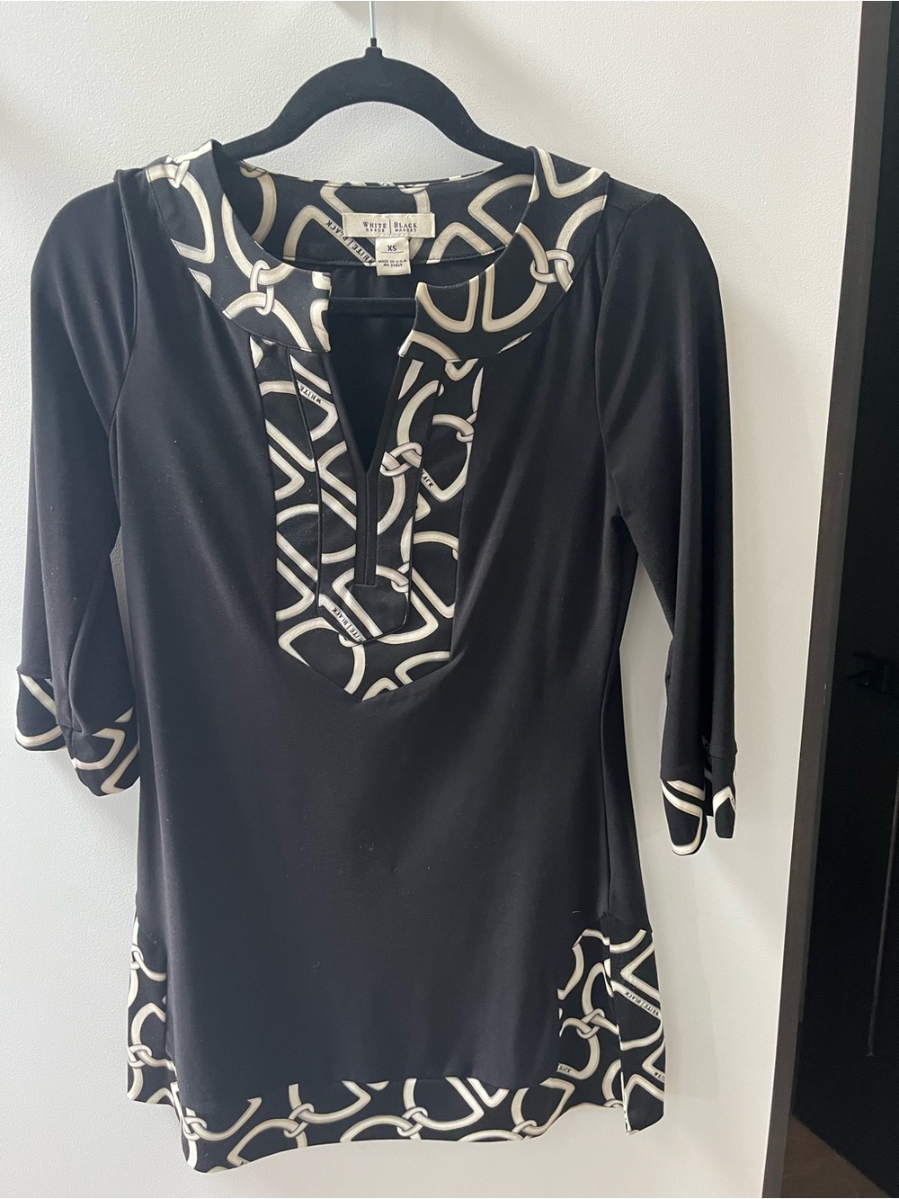 White House Black Market Black Tunic with Cream Chain-Print Accents